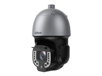 Dahua 8MP 4K WizMind laser PTZ-camera met grijze koepel, zwarte behuizing en geïntegreerde ruitenwisser.
