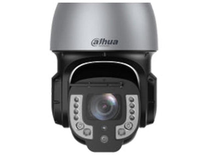 Dahua WizMind 4K PTZ-camera met zilveren behuizing, 42x zoomlens, ruitenwisser en krachtige laserverlichting.