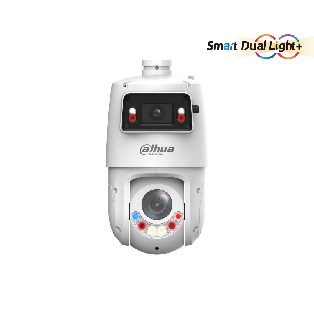 Witte Dahua X-Spans PTZ-camera met dual-lens, 25x zoom, Smart Dual Light en actieve afschrikking.