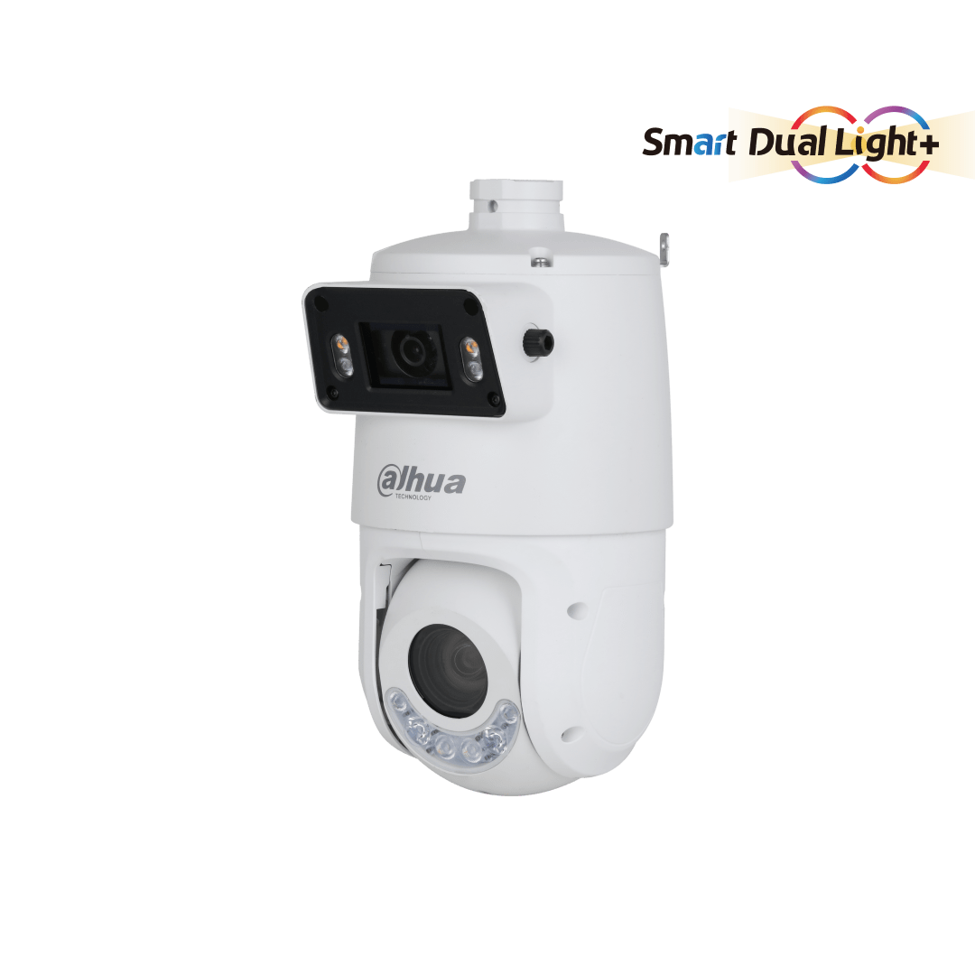 Witte Dahua X-Spans PTZ-camera met dual-lens systeem, 25x zoom en Smart Dual Light-technologie tegen een witte achtergrond.