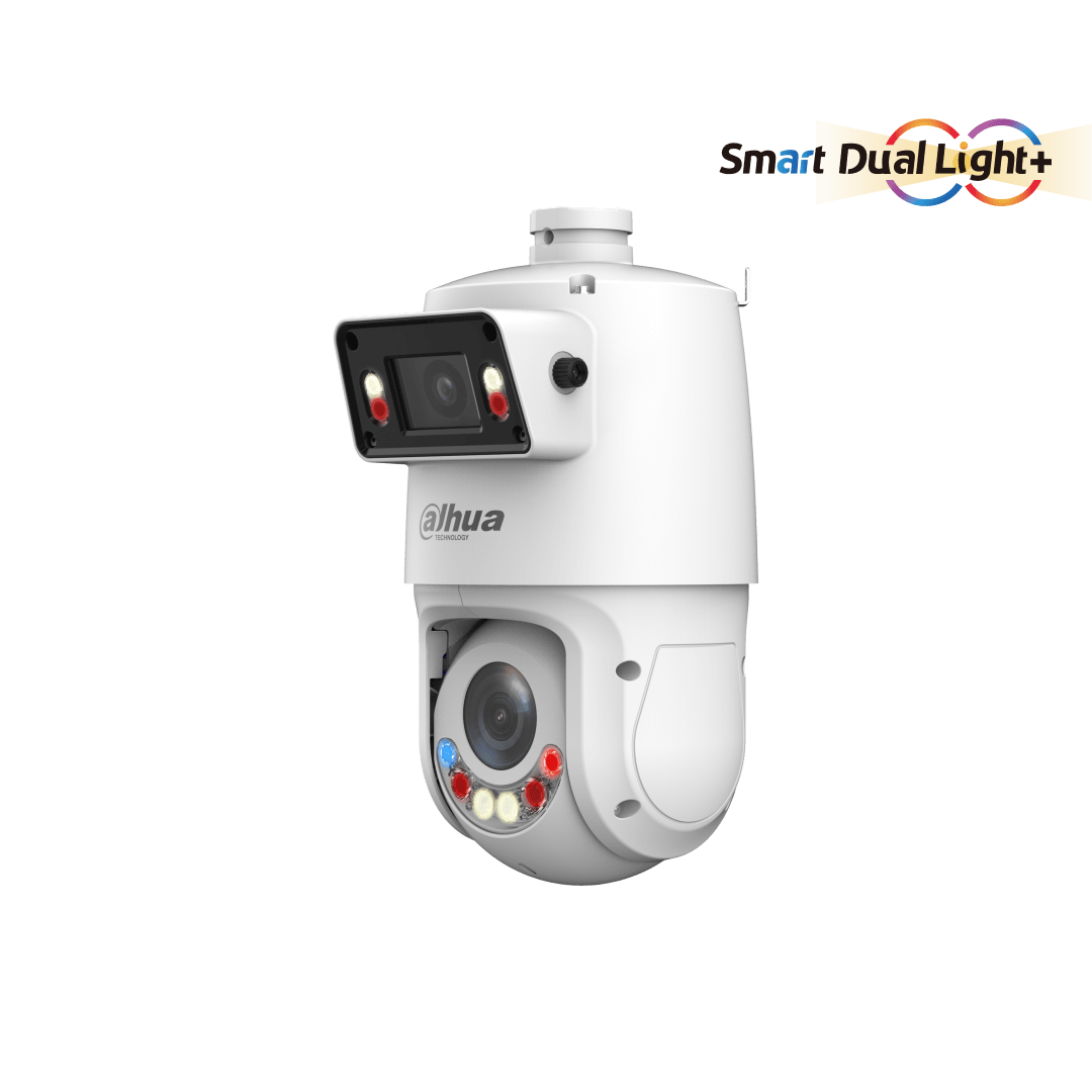Dahua X-Spans PTZ camera met witte behuizing, dual-channel panorama en detail-lens met Smart Dual Light technologie.