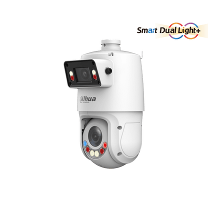 Dahua X-Spans PTZ camera met witte behuizing, dual-channel panorama en detail-lens met Smart Dual Light technologie.
