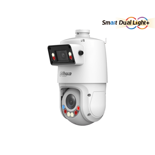 Dahua X-Spans PTZ camera met witte behuizing, dual-channel panorama en detail-lens met Smart Dual Light technologie.