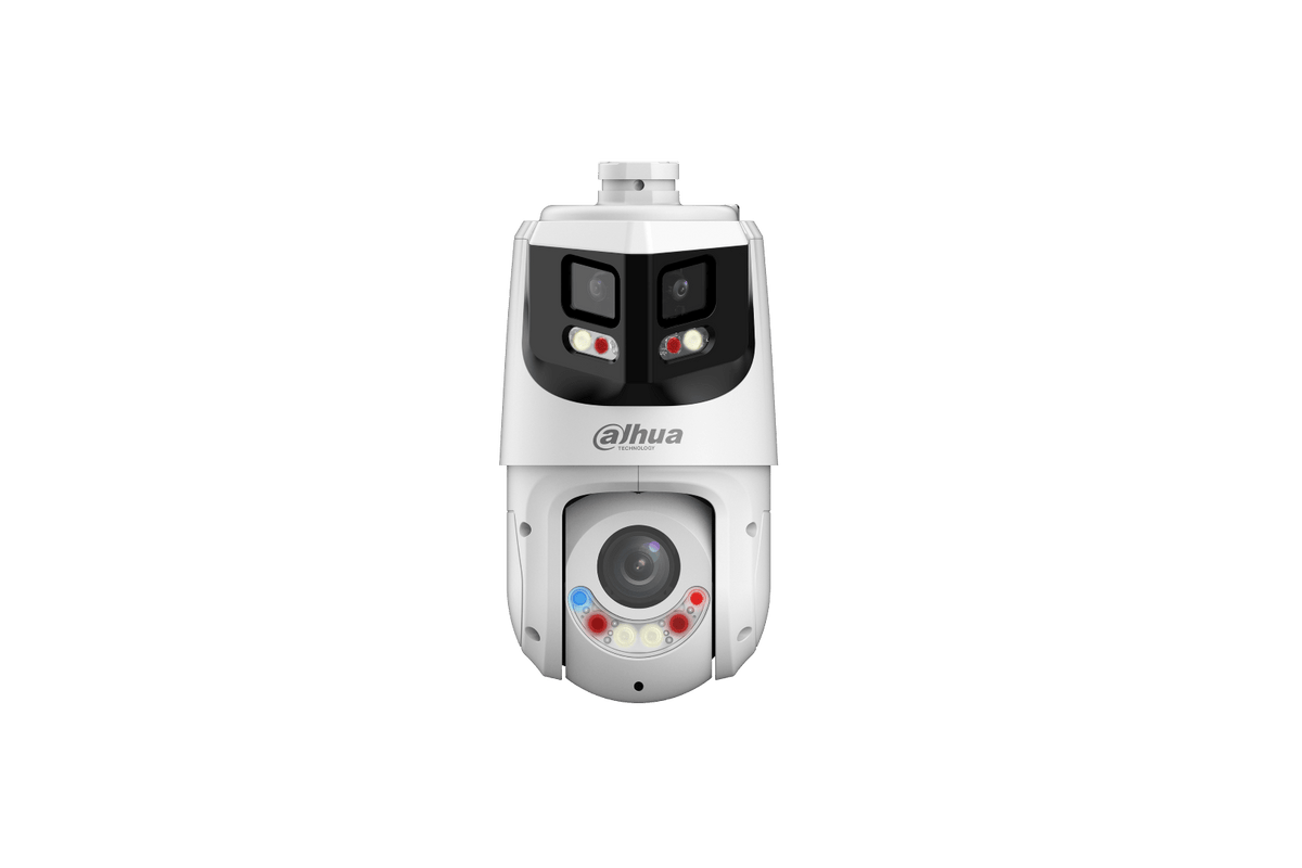 Witte Dahua WizSense panoramische PTZ-camera met anti-corrosie coating, dubbele lens en TiOC actieve afschrikking.