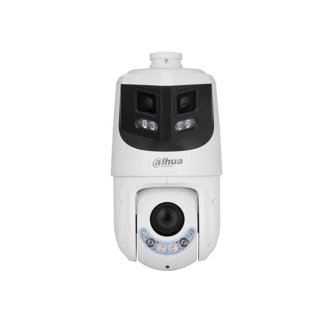 Dahua WizSense panoramische PTZ-camera met anti-corrosie coating, witte behuizing en dubbele cameralenzen.
