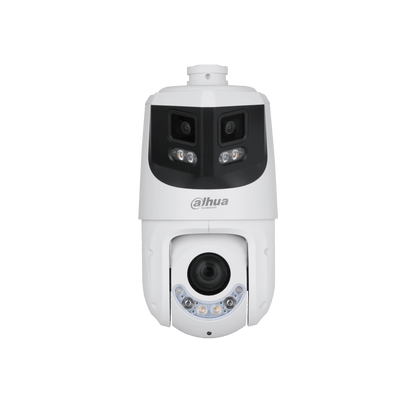 Dahua WizSense panoramische PTZ-camera met anti-corrosie coating, witte behuizing en dubbele cameralenzen.
