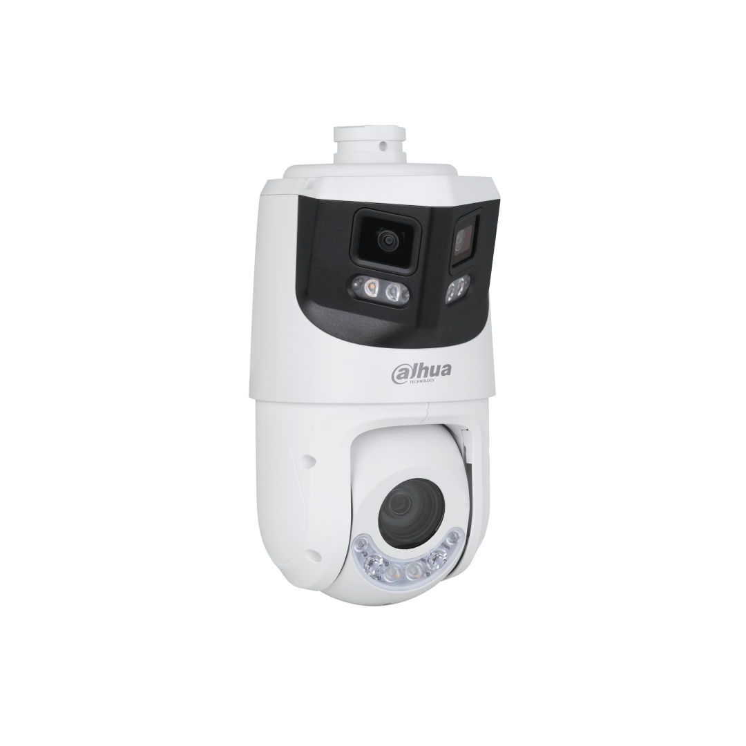 Witte Dahua WizSense panoramische PTZ-camera met anti-corrosie coating, dubbele lens en geïntegreerde TiOC verlichting.