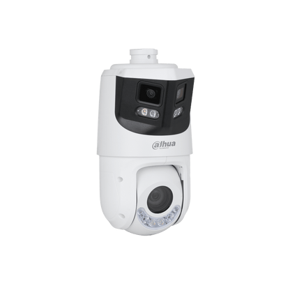 Witte Dahua WizSense panoramische PTZ-camera met anti-corrosie coating, dubbele lens en geïntegreerde TiOC verlichting.