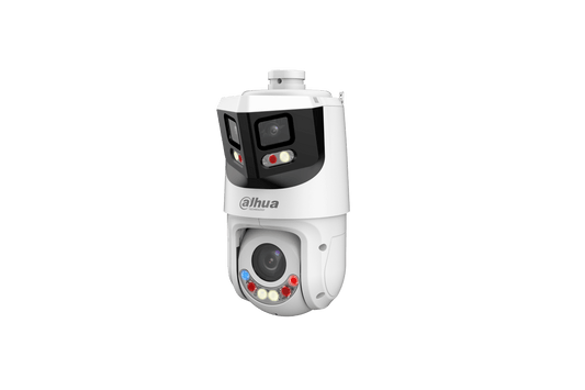 Witte Dahua X-Spans anti-corrosie PTZ-camera met 8MP panorama en 4MP zoomlens voor professionele beveiliging.