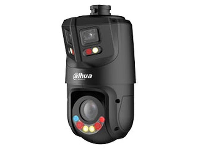 Zwarte Dahua dual-lens panoramische beveiligingscamera met 180 graden zicht en geïntegreerde AI-sensoren.
