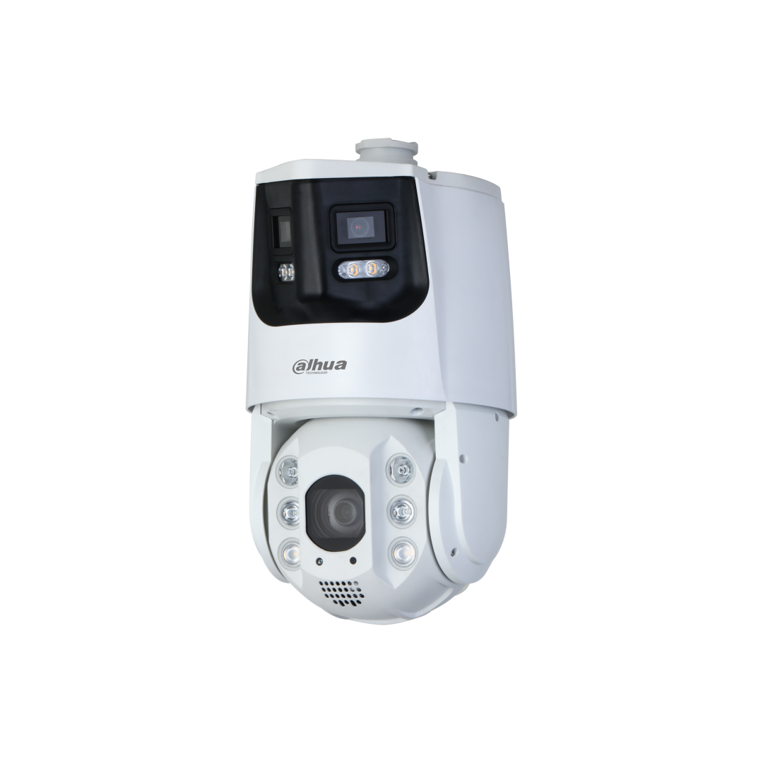 Witte Dahua WizSense dual-sensor PTZ-camera met 180° panoramalens en 25x optische zoom voor buitenbeveiliging.