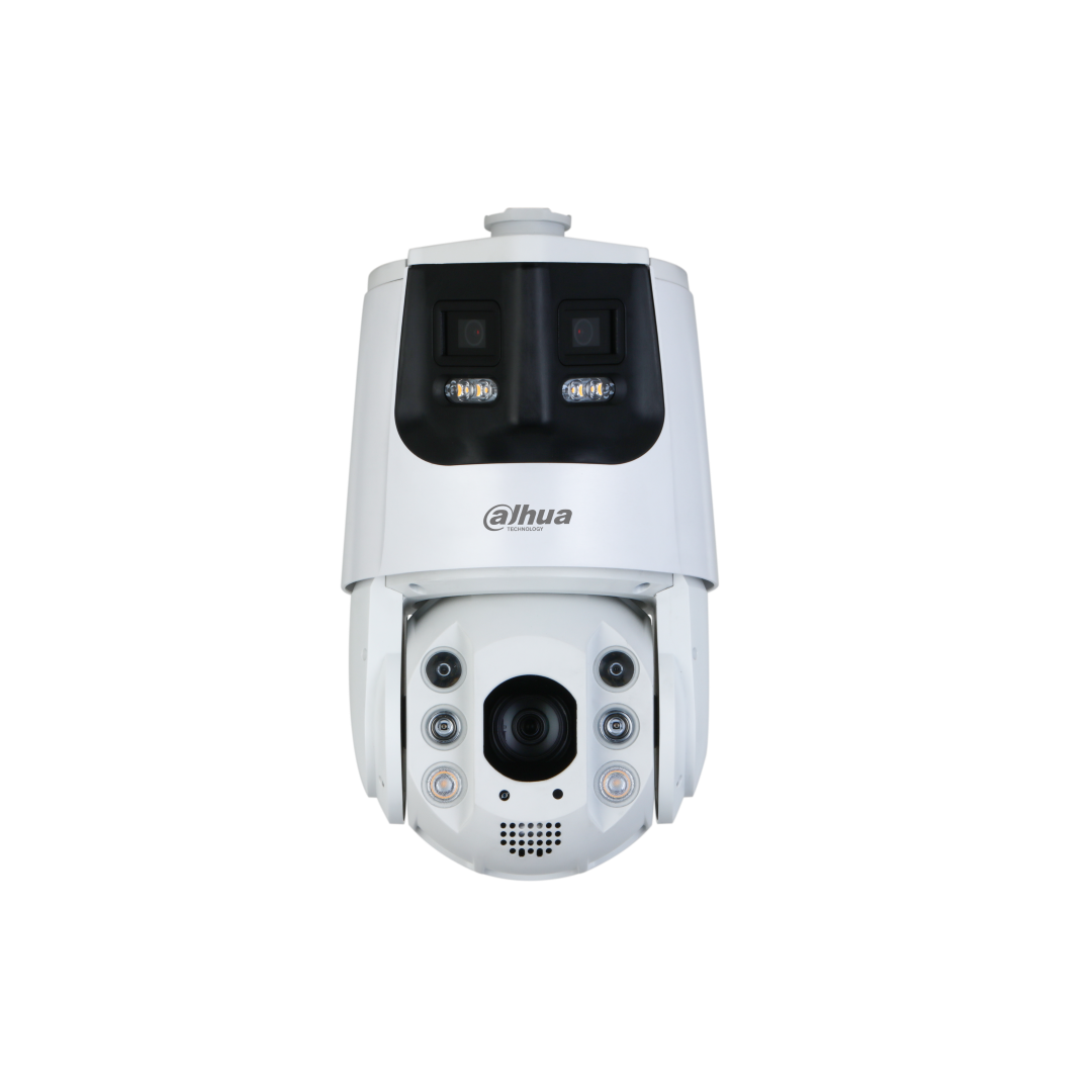 Witte Dahua X-Spans PTZ-camera met dual-lens panorama, 32x zoom, infrarood en actieve afschrikkingsverlichting.