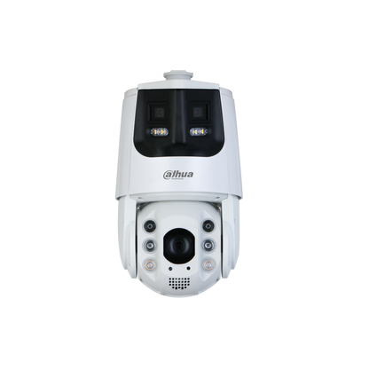 Witte Dahua X-Spans PTZ-camera met dual-lens panorama, 32x zoom, infrarood en actieve afschrikkingsverlichting.
