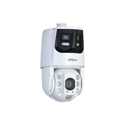 Witte Dahua X-Spans PTZ-camera met 8MP panoramalens, 4MP zoomlens, led-verlichting en robuuste behuizing.