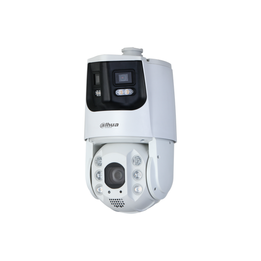 Witte Dahua X-Spans PTZ-camera met 8MP panorama- en 4MP detail-lens, voorzien van actieve afschrikking en LED-verlichting.