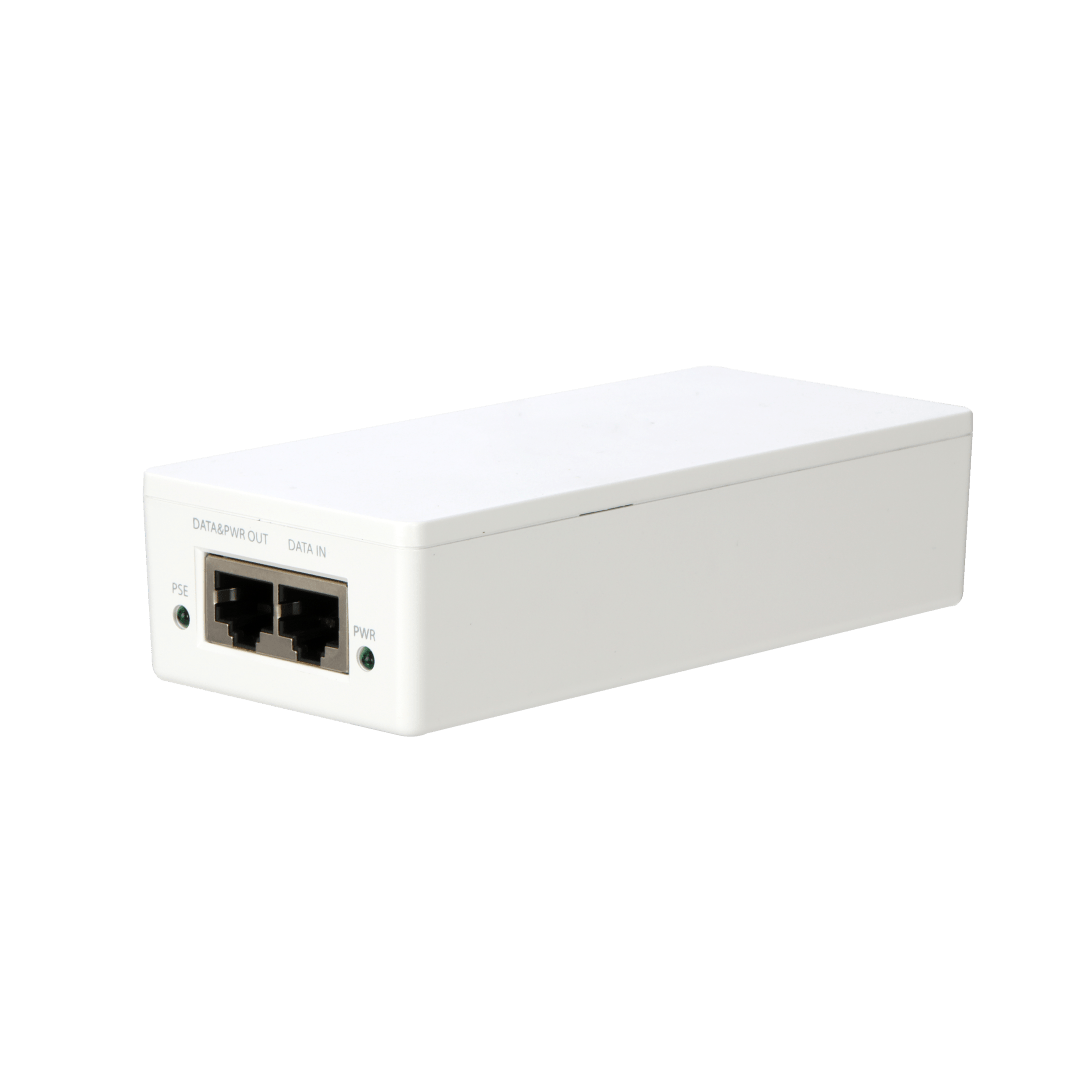 Witte Dahua TAM1GT1GT-30 PoE+ injector met twee Ethernet-poorten en statusindicatoren in een compacte behuizing.