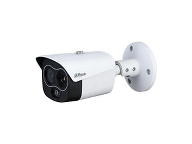 Witte Dahua TPC-BF1241-B7F8 thermische hybride bullet camera met dubbele lens en wandmontagebeugel.