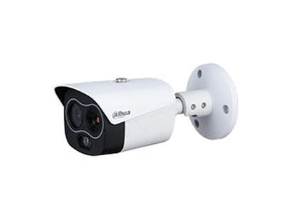 Witte Dahua TPC-BF1241-B7F8 thermische hybride bullet camera met dubbele lens en wandmontagebeugel.