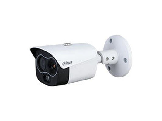 Witte Dahua TPC-BF1241-B7F8 thermische hybride bullet camera met dubbele lens en wandmontagebeugel.