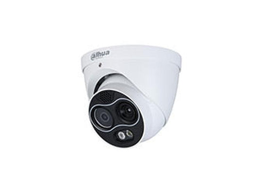 Witte Dahua Eureka thermische hybride eyeball camera met dubbele lens en infrarood voor temperatuurmeting.