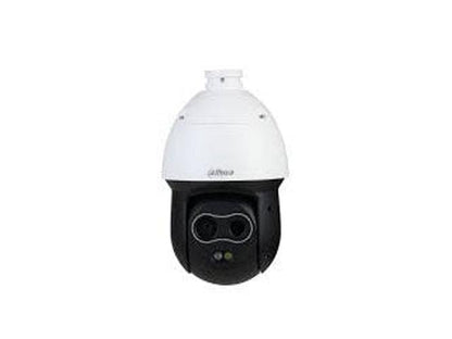 Dahua thermische hybride PTZ speed dome camera met wit-zwarte behuizing en dubbele lens voor temperatuurmeting.