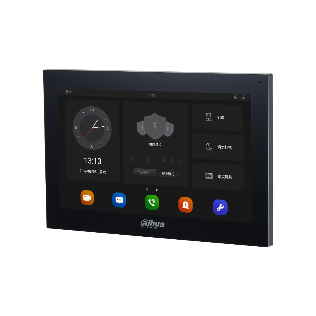 Dahua VTH5341G-W 10-inch zwart intercom touchscreen met Android interface en strak modern design.
