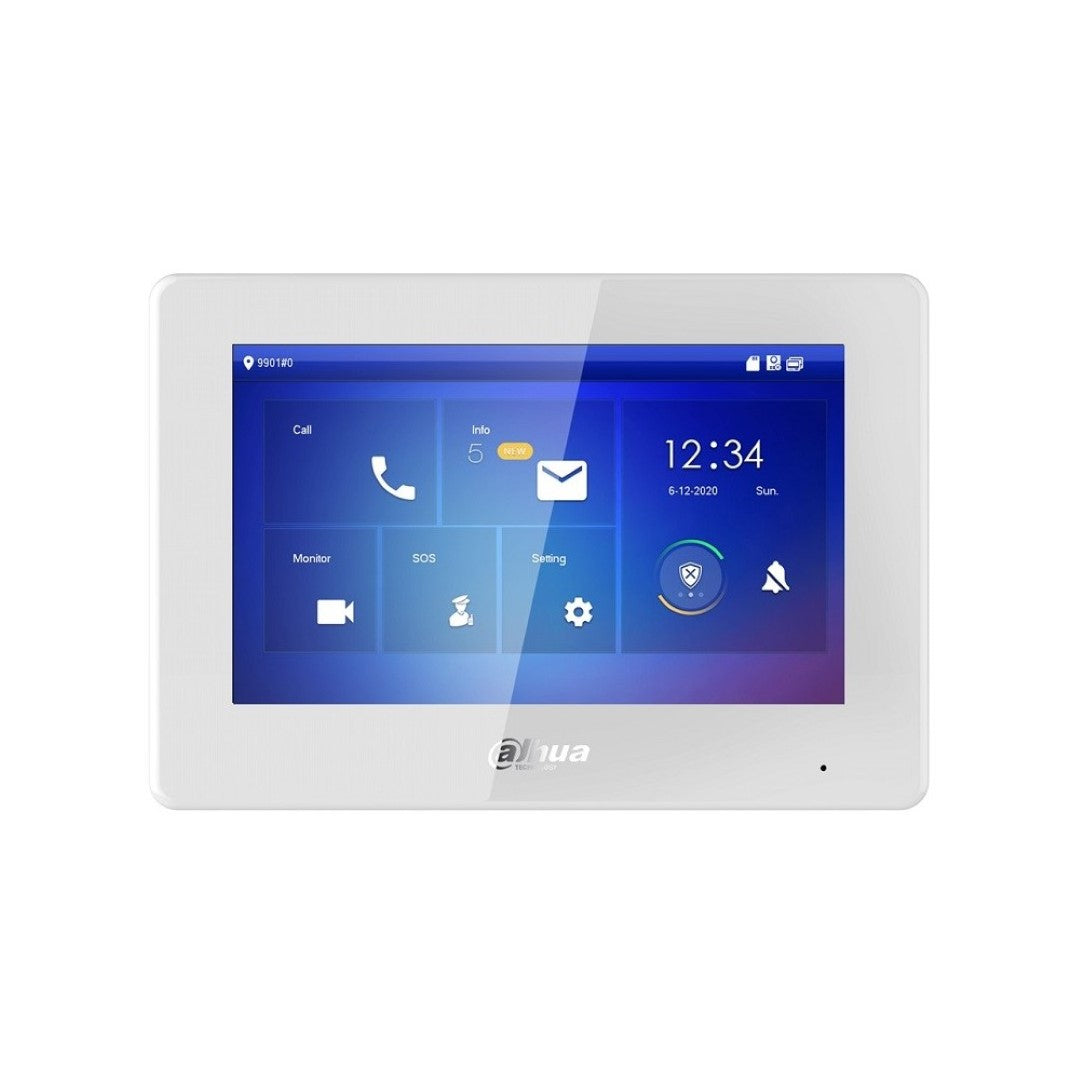 Witte Dahua VTH5421HW 7-inch touchscreen binnenmonitor met 2.5D glazen scherm en modern interface-ontwerp.