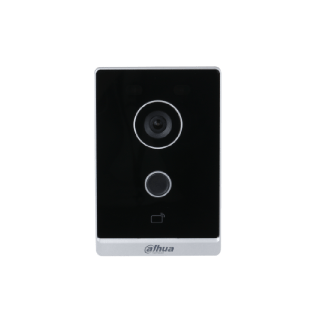 Dahua VTO2211G-WP-S2 video intercom met zwarte glazen front, camera, belknop en kaartlezer in een zilverkleurige behuizing.