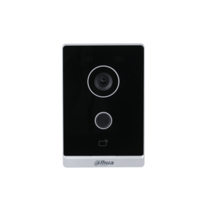 Dahua VTO2211G-WP-S2 video intercom met zwarte glazen front, camera, belknop en kaartlezer in een zilverkleurige behuizing.
