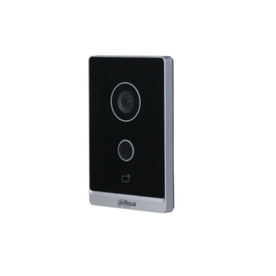 Dahua VTO2211G-WP-S2 video intercom met zwarte glazen front, camera, belknop en kaartlezer in zilveren behuizing.