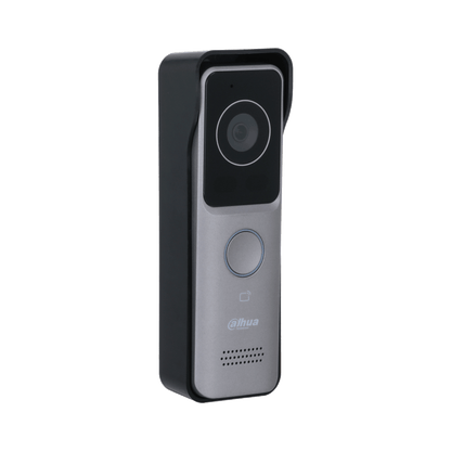 Ultraslanke Dahua VTO2311R-WP video intercom buitenpost in zilver met zwarte behuizing en geïntegreerde camera.