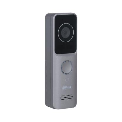 Ultraslanke grijze Dahua VTO2311R-WP video intercom buitenpost met camera, belknop en kaartlezer.