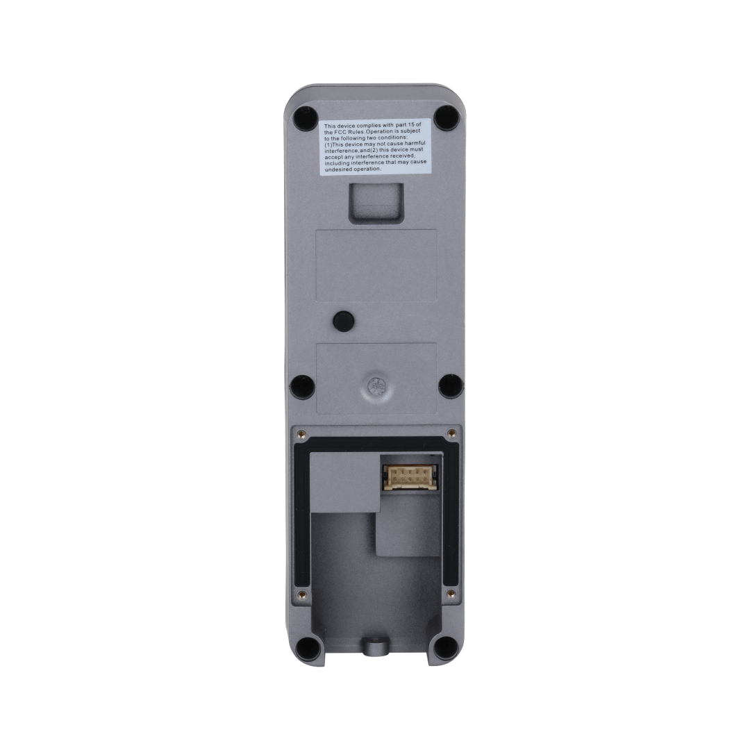 Grijze achterkant van de slanke Dahua VTO2311R-WP video intercom met aansluitpoort en montagepunten.