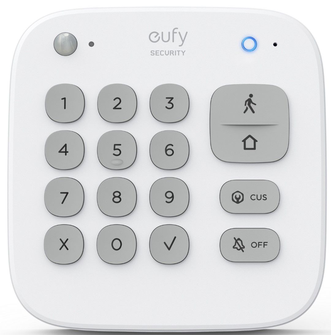 Wit Eufy Security cijferpaneel met grijze toetsen voor draadloos alarmbeheer en statusindicatie.