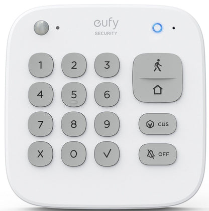 Wit Eufy Security cijferpaneel met grijze toetsen voor draadloos alarmbeheer en statusindicatie.