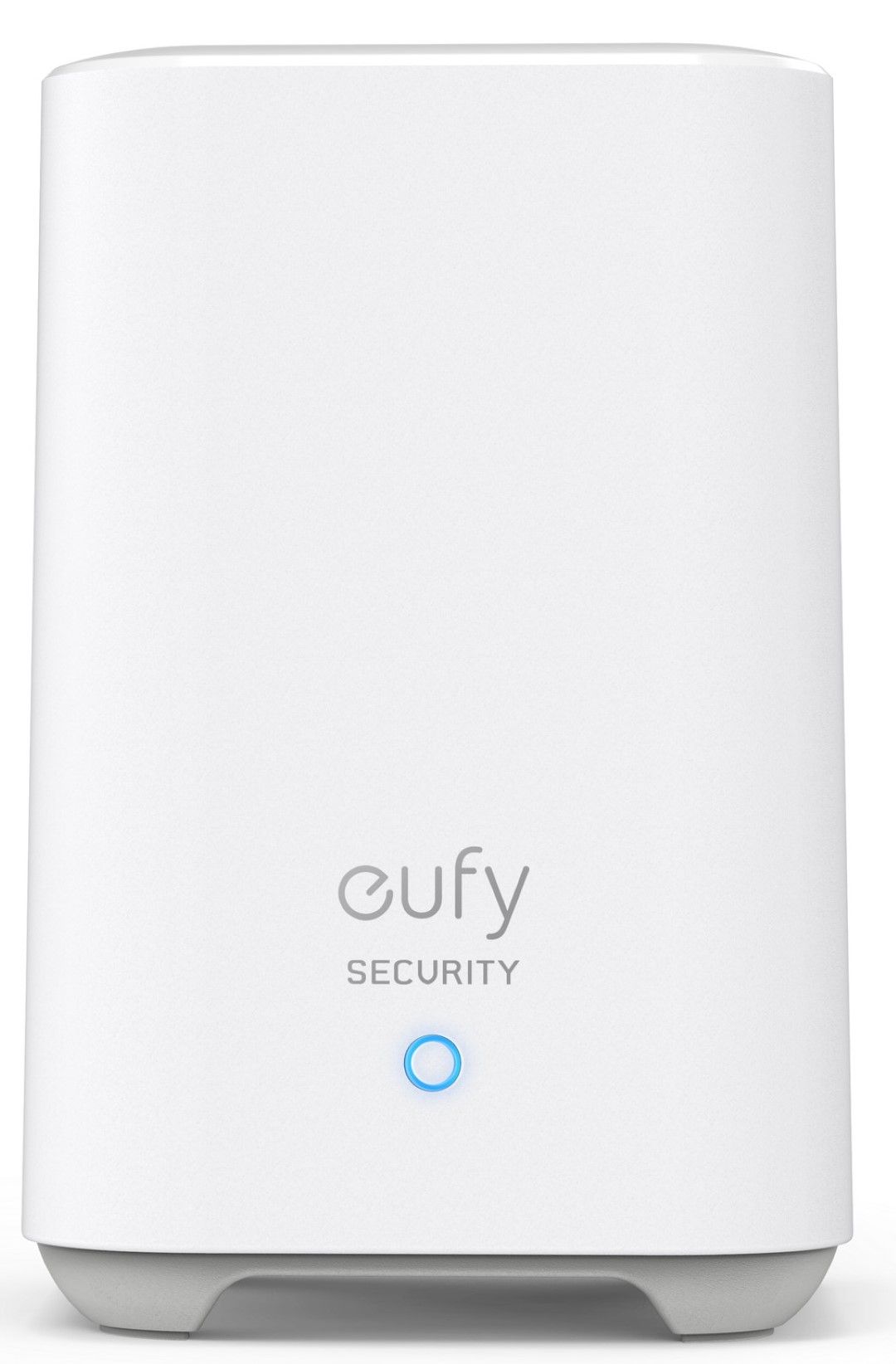 Witte Eufy HomeBase beveiligingsstation met strak design, grijs logo en blauwe statusindicator aan de voorzijde.