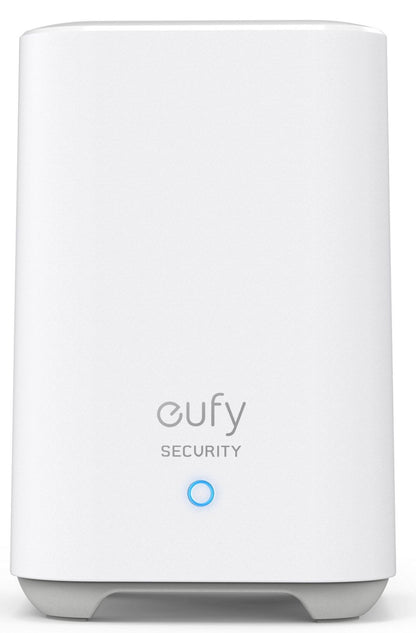 Witte Eufy HomeBase beveiligingsstation met strak design, grijs logo en blauwe statusindicator aan de voorzijde.