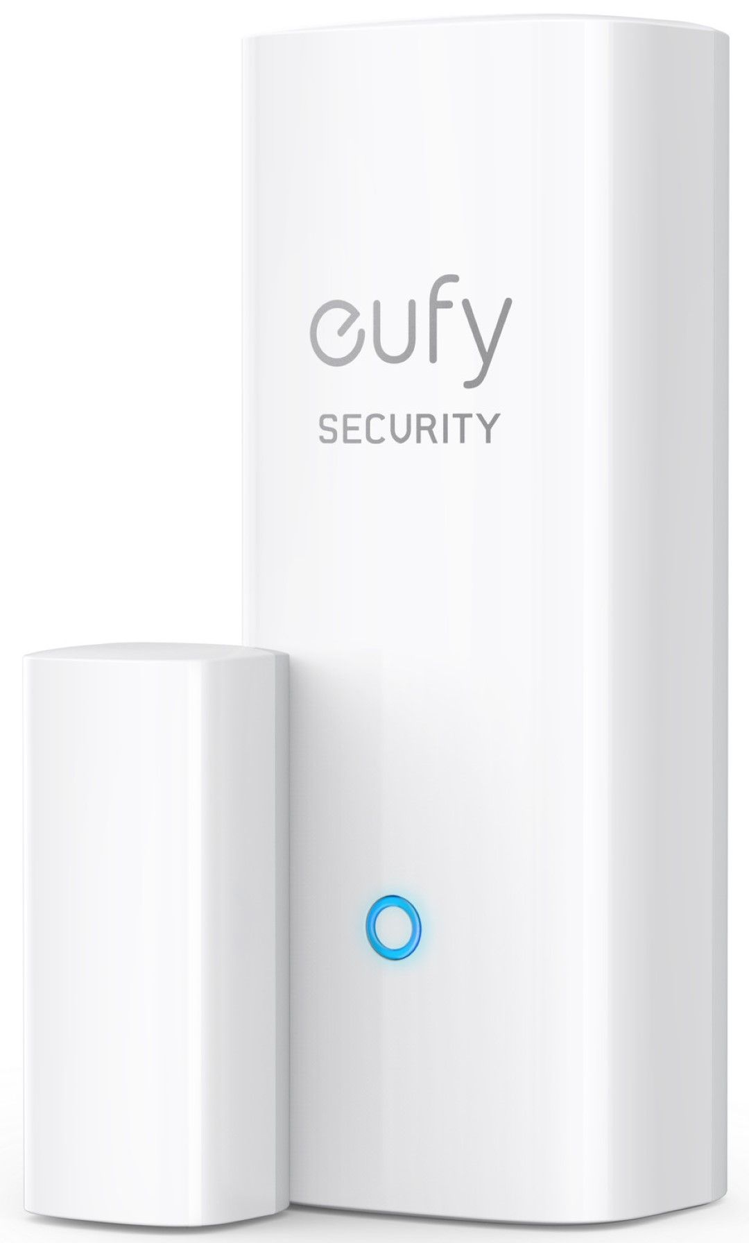 Witte Eufy Security deur- en raamsensor met glanzende afwerking en blauw statuslampje.