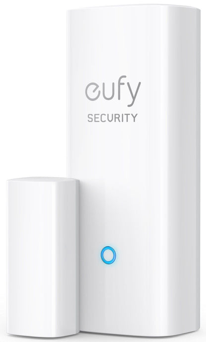 Witte Eufy Security deur- en raamsensor met glanzende afwerking en blauw statuslampje.