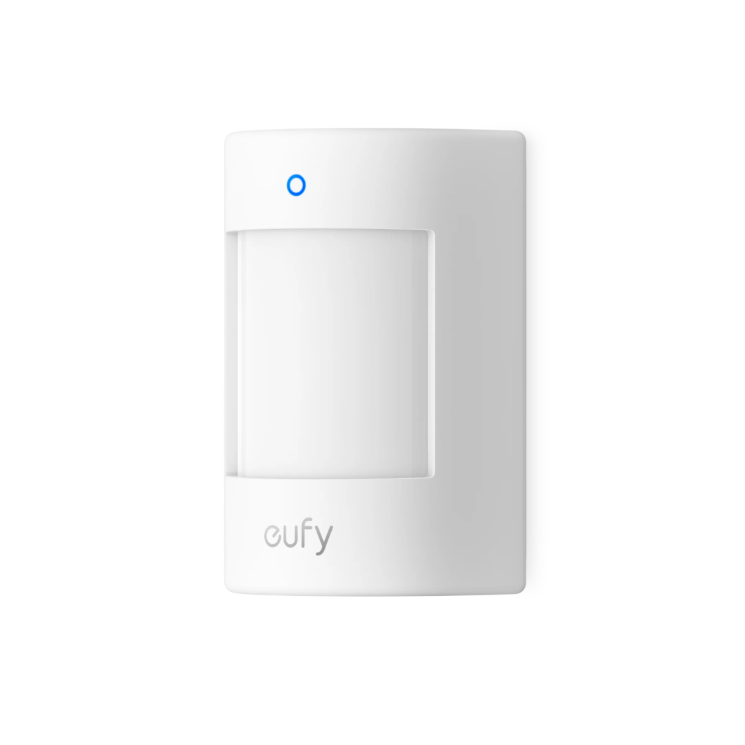 Witte, compacte Eufy E20 draadloze bewegingssensor met blauw statuslampje en strak design.