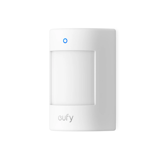Witte, compacte Eufy E20 draadloze bewegingssensor met blauw statuslampje en strak design.