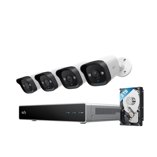 Eufy E40 PoE-beveiligingsset met vier witte 4K bullet camera's, NVR-recorder en 2TB harde schijf.