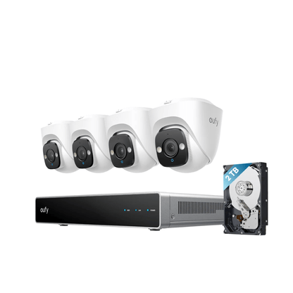 Eufy E41 PoE beveiligingsset met vier witte 4K turret camera's, NVR-recorder en 2TB harde schijf.