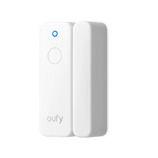 Witte Eufy Entry Sensor E20 voor deuren en ramen met een compact, draadloos design en blauw statuslampje.