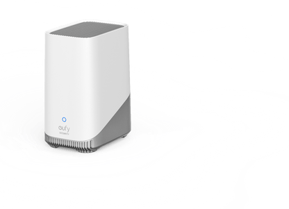 Witte Eufy Homebase 3 met grijs design, blauw statuslampje en Eufy Security logo op een witte achtergrond.