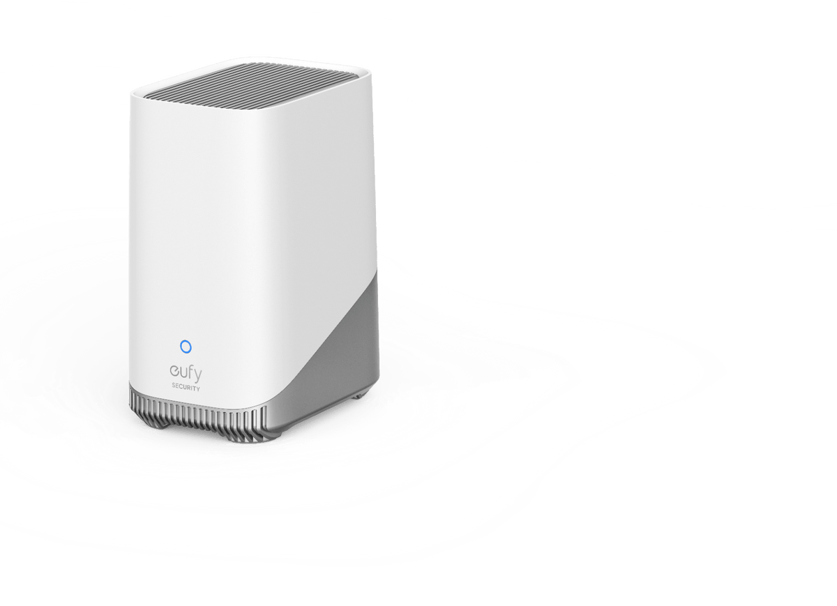 Witte Eufy Homebase 3 met grijs design, blauw statuslampje en gestroomlijnde behuizing voor draadloze beveiliging.
