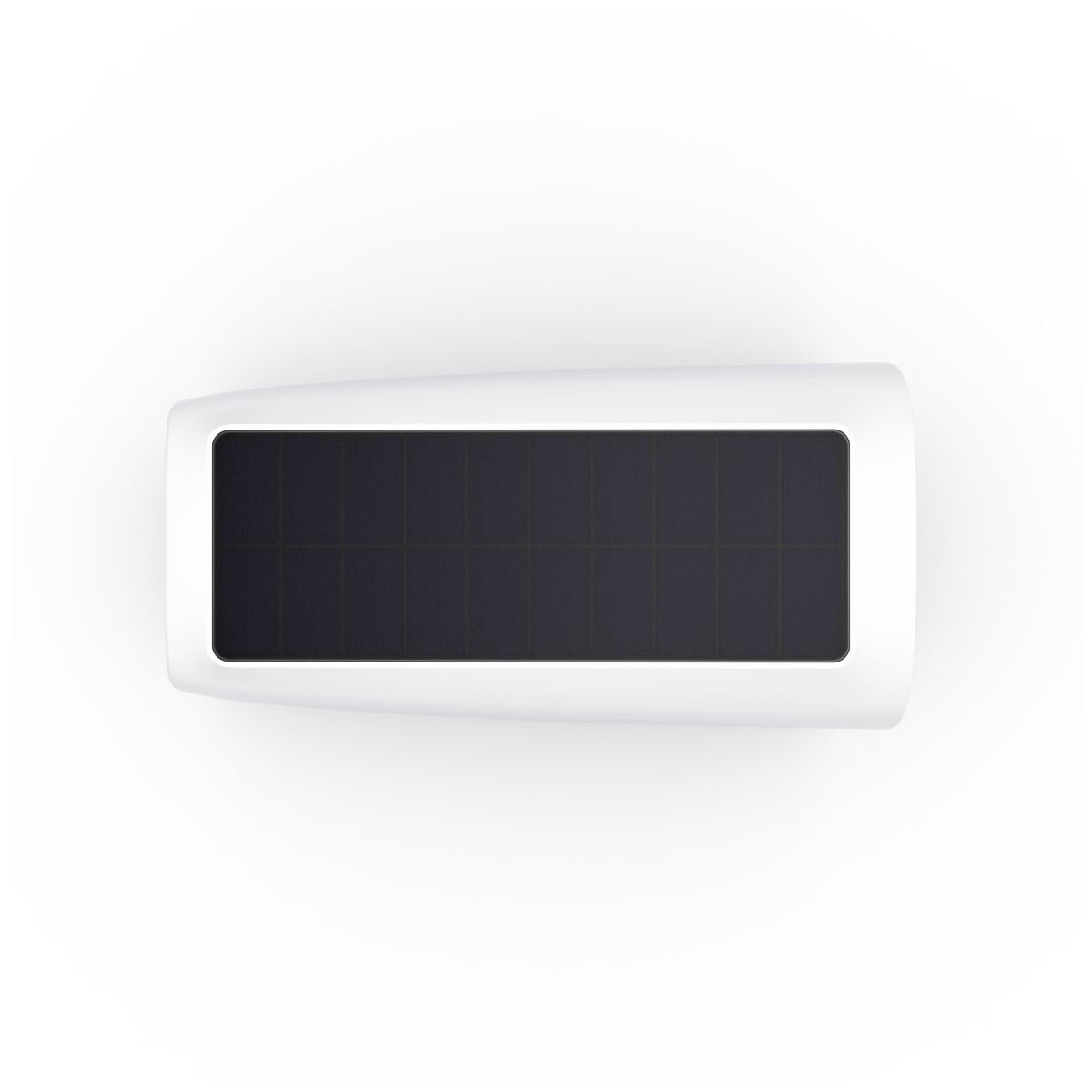 Witte EufyCam 3 beveiligingscamera met geïntegreerd zwart zonnepaneel aan de bovenzijde voor draadloos opladen.