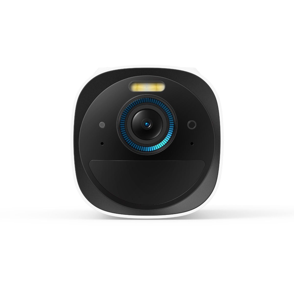 EufyCam 3 draadloze 4K beveiligingscamera met zwarte lens, geïntegreerd zonnepaneel en witte behuizing.