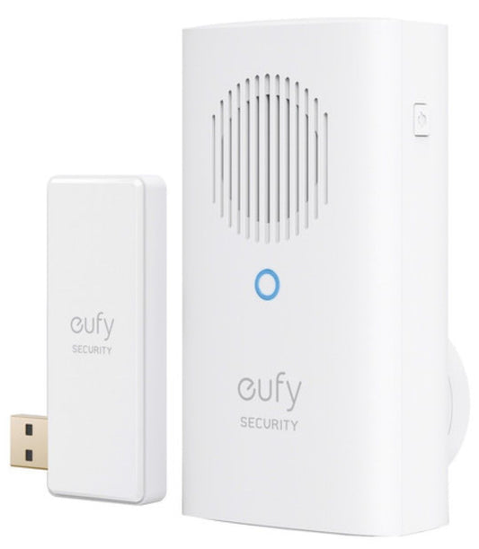 Witte Eufy draadloze deurbelgong met USB-dongle voor HomeBase en instelbare volumeknop.