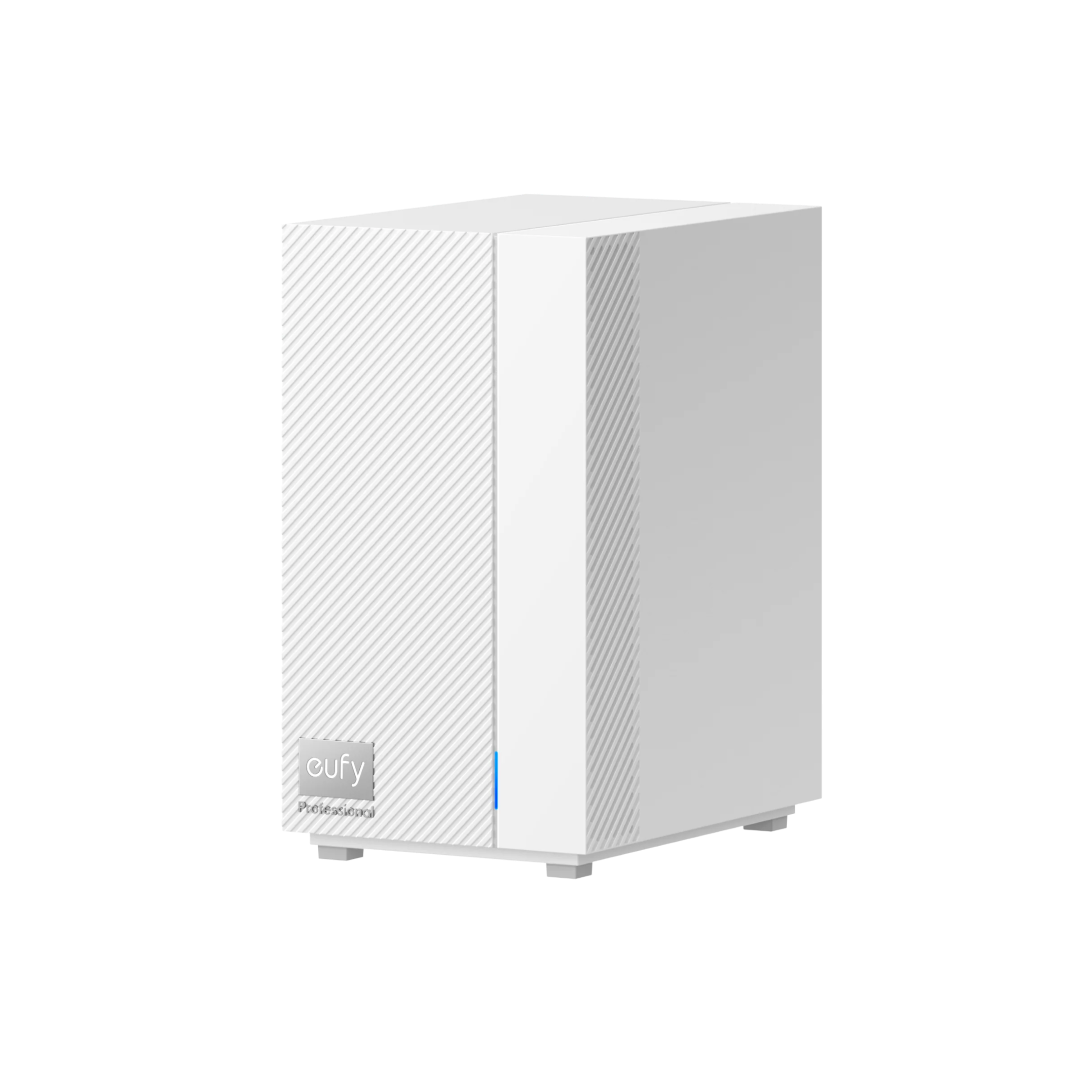 Witte Eufy HomeBase Professional S1 NVR met strak design, diagonaal gestreept patroon en blauwe statusindicator.